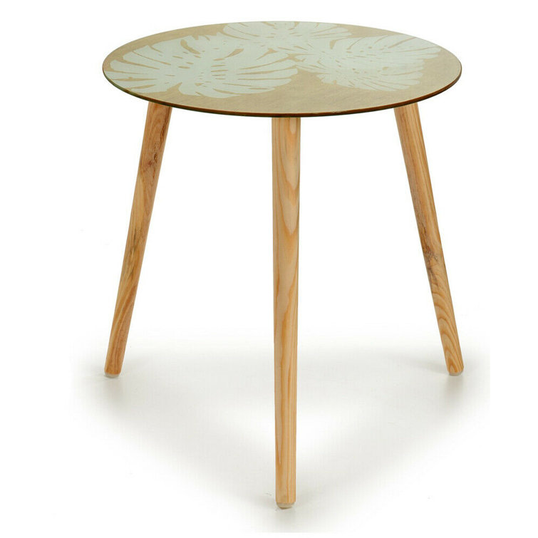 40Cm Round Side Table Glass Leaf Print Tray Top 3 Wooden Legs Tea Coffee Table